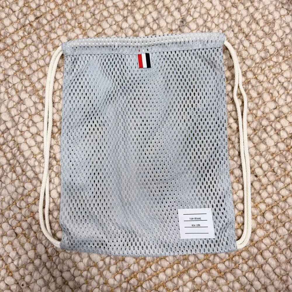 Thom Browne Designer Mesh Gym Bag Perforated Drawstring Bag EUC Gray & White